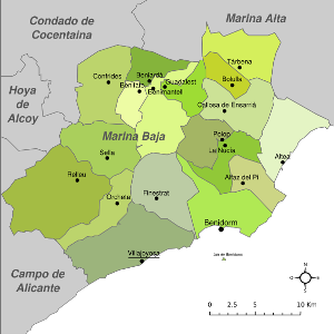 Mapa con los pueblos de la Marina Baja